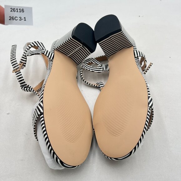 FSJ Black and White Stripe T Strap Block Heel Sandals - Picture 7 of 8